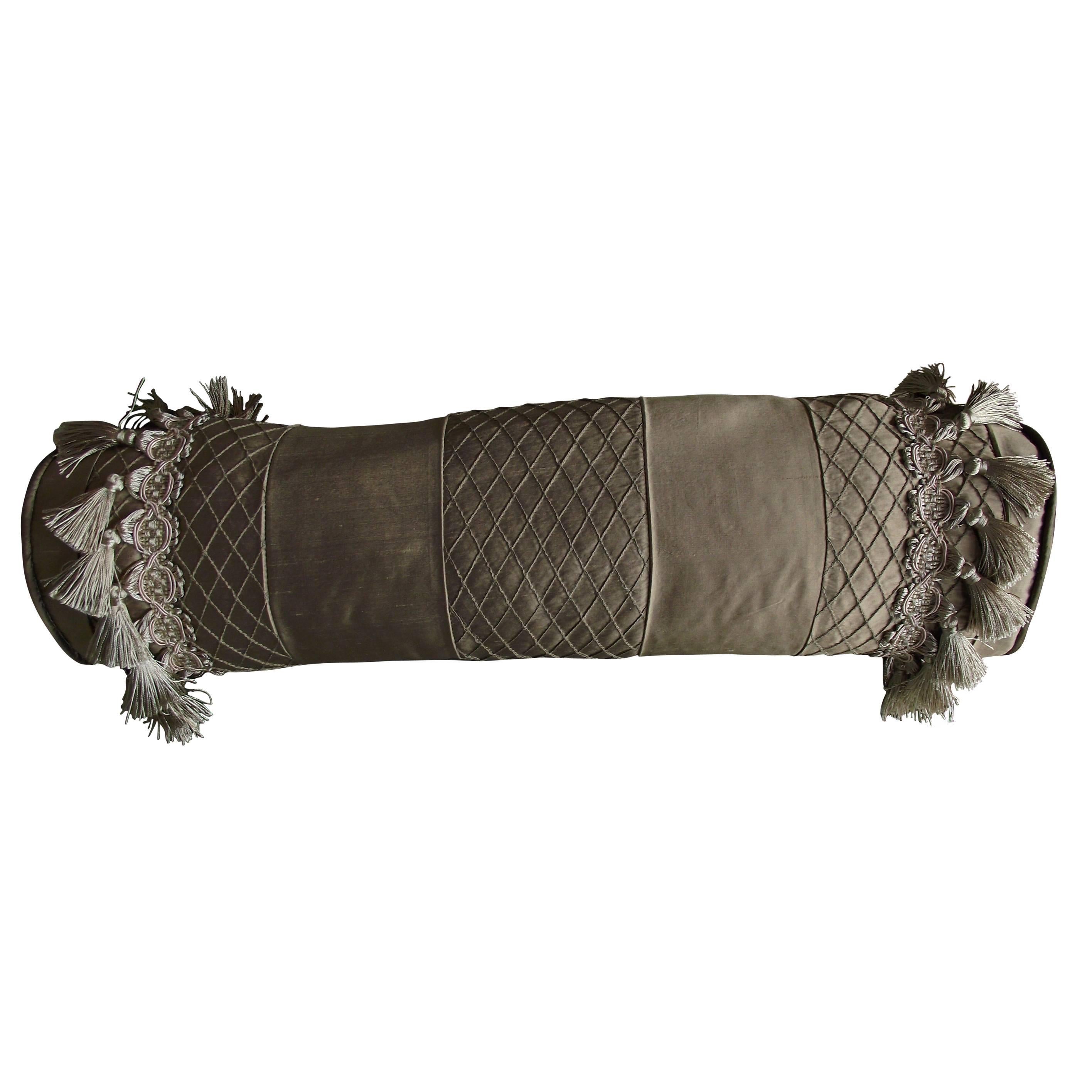 Bolster Pillow in Dark Gold Silk/ Round Bolster Pillow w/ double tassel trim at 1stDibs