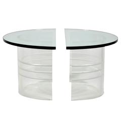 Pair of Lucite "C" Shaped Tables with Thick Glass Tops