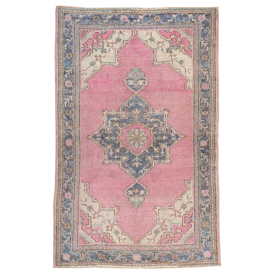 Midcentury Handmade Turkish Oushak Throw Rug In Pink and Blue-Grey at ...