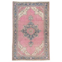 Vintage Midcentury Handmade Turkish Oushak Throw Rug In Pink and Blue-Grey