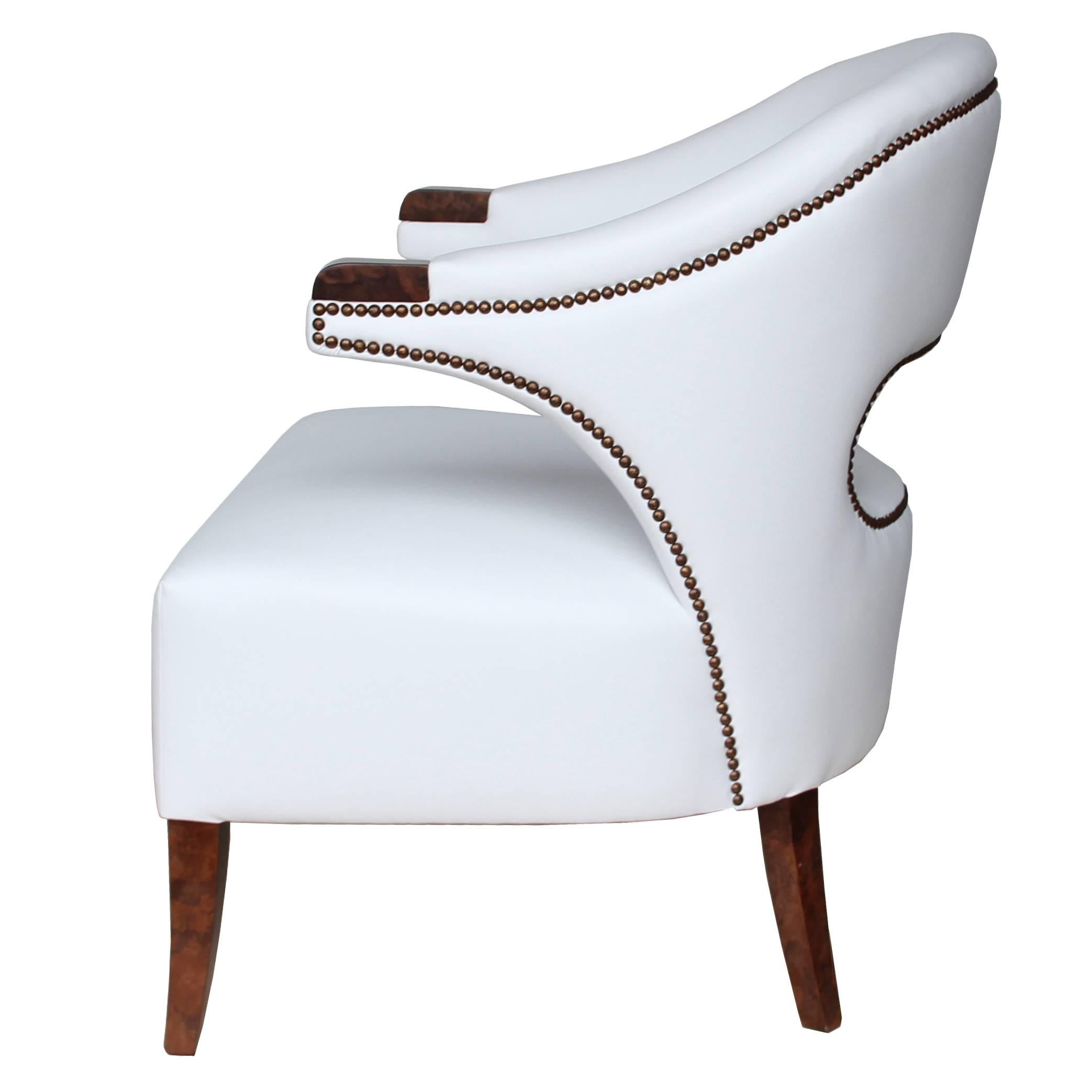 European Modern White Faux Leather Brass and Walnut Armchair For Sale