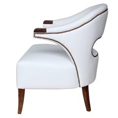European Modern White Faux Leather Brass and Walnut Armchair