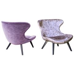 Modern European Pair of Retro Scandinavian-inspired Velvet Armchairs from France