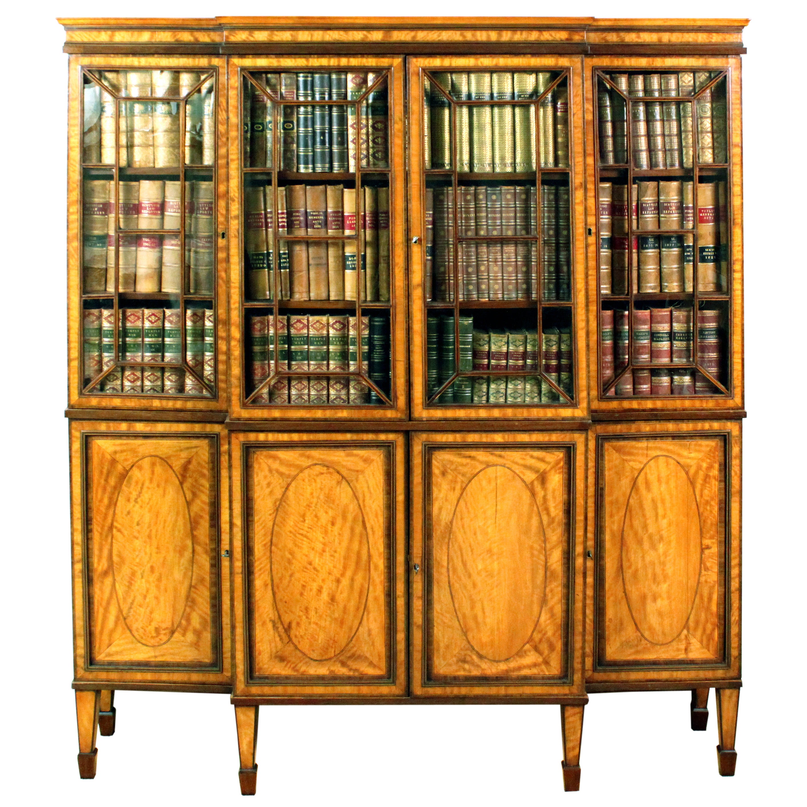 English Satinwood Library Bookcase with Neoclassical Decoration For