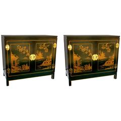 Pair of Stunning Forest Green Chinoiserie & Brass Side Tables