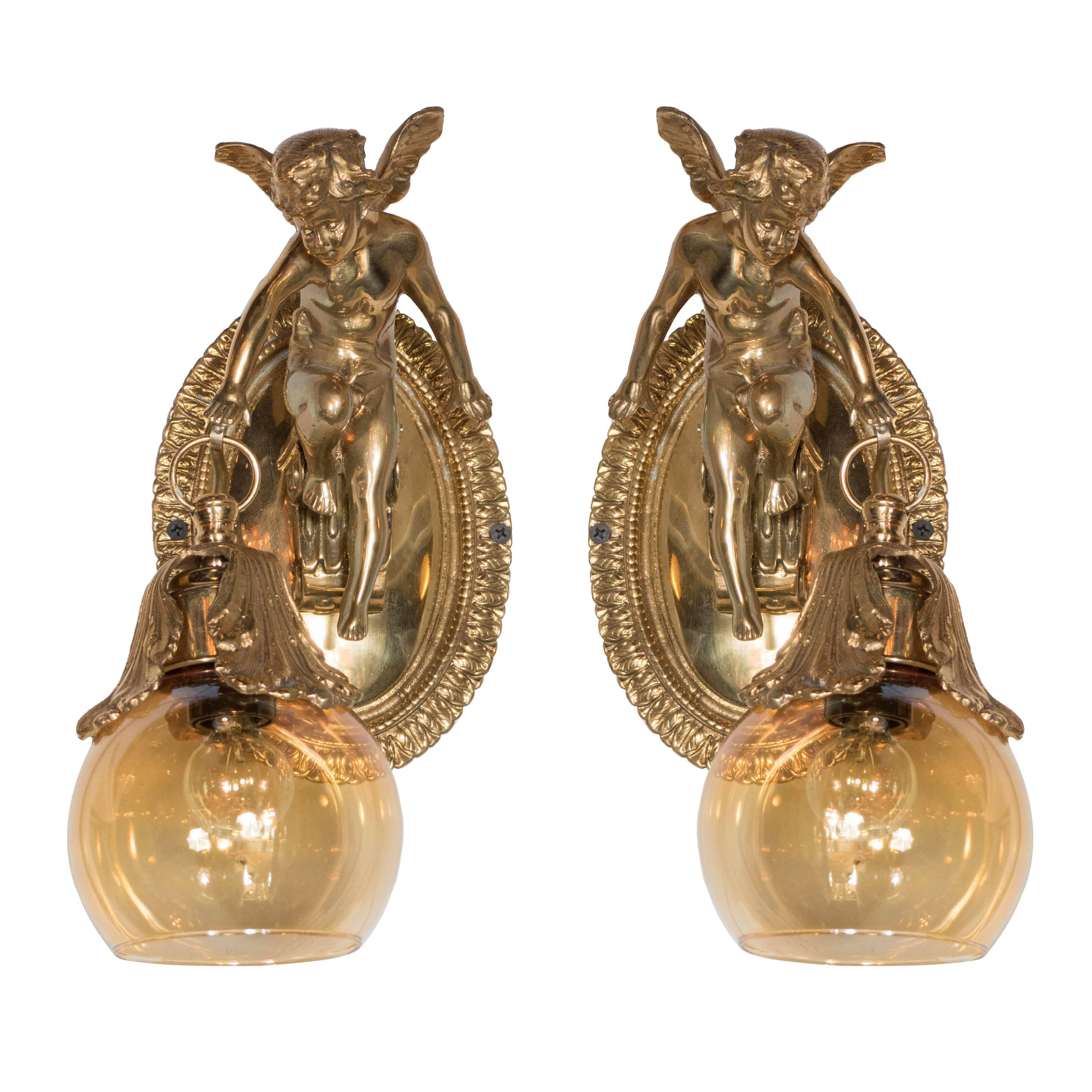 Classic Pair of Brass Cherub Sconces with Cognac Globes 