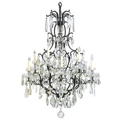 Large Ten-Light Chandelier with Glass Crystals and Wrought Iron Open Cage Frame 