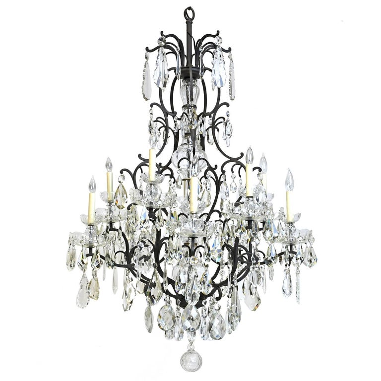 Large Ten Light Chandelier With Glass Crystals And Wrought Iron Open Large Ten Light Chandelier With Glass Crystals And Wrought Iron Open Cage Frame For