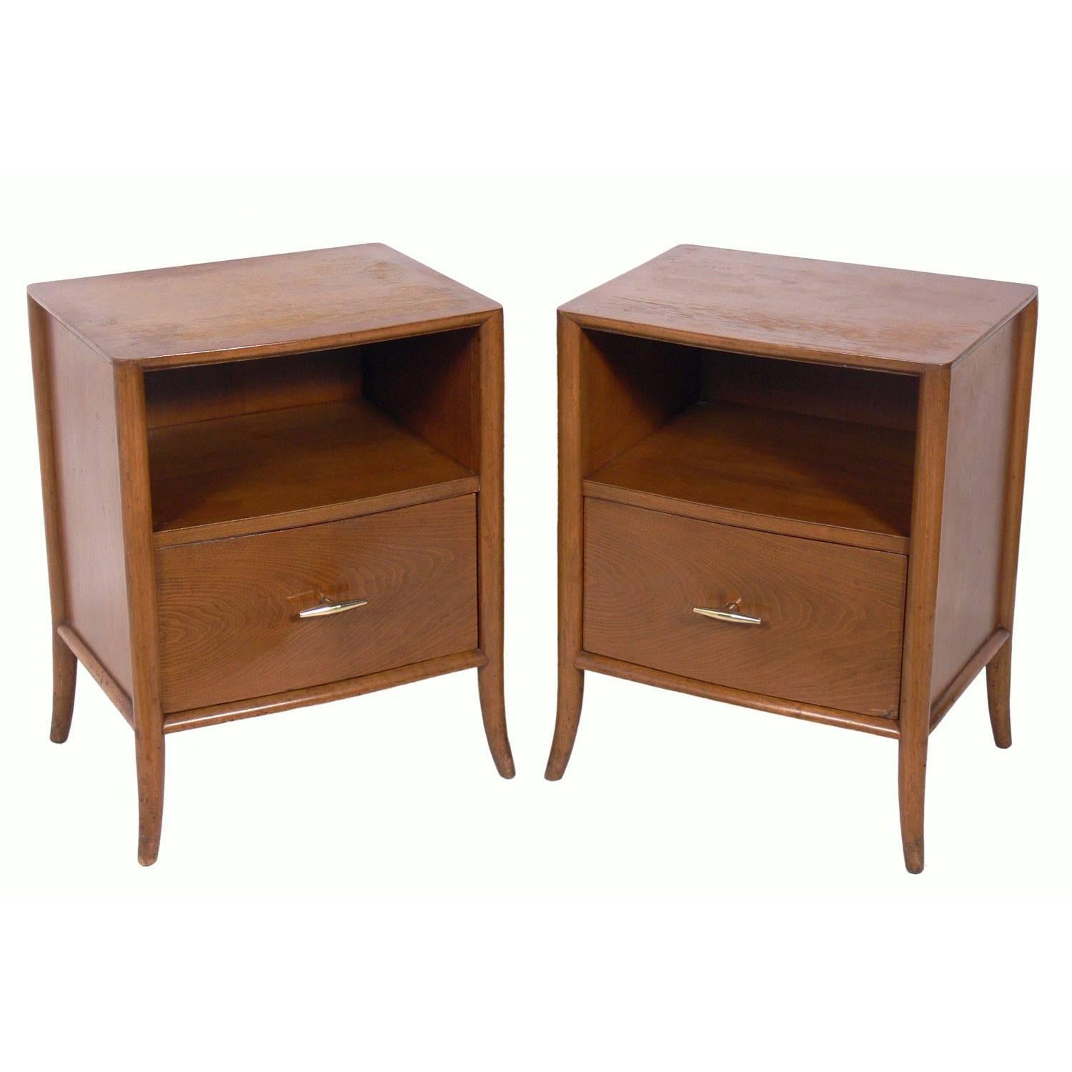 Pair of Walnut and Brass Nightstands by T.H. Robsjohn-Gibbings