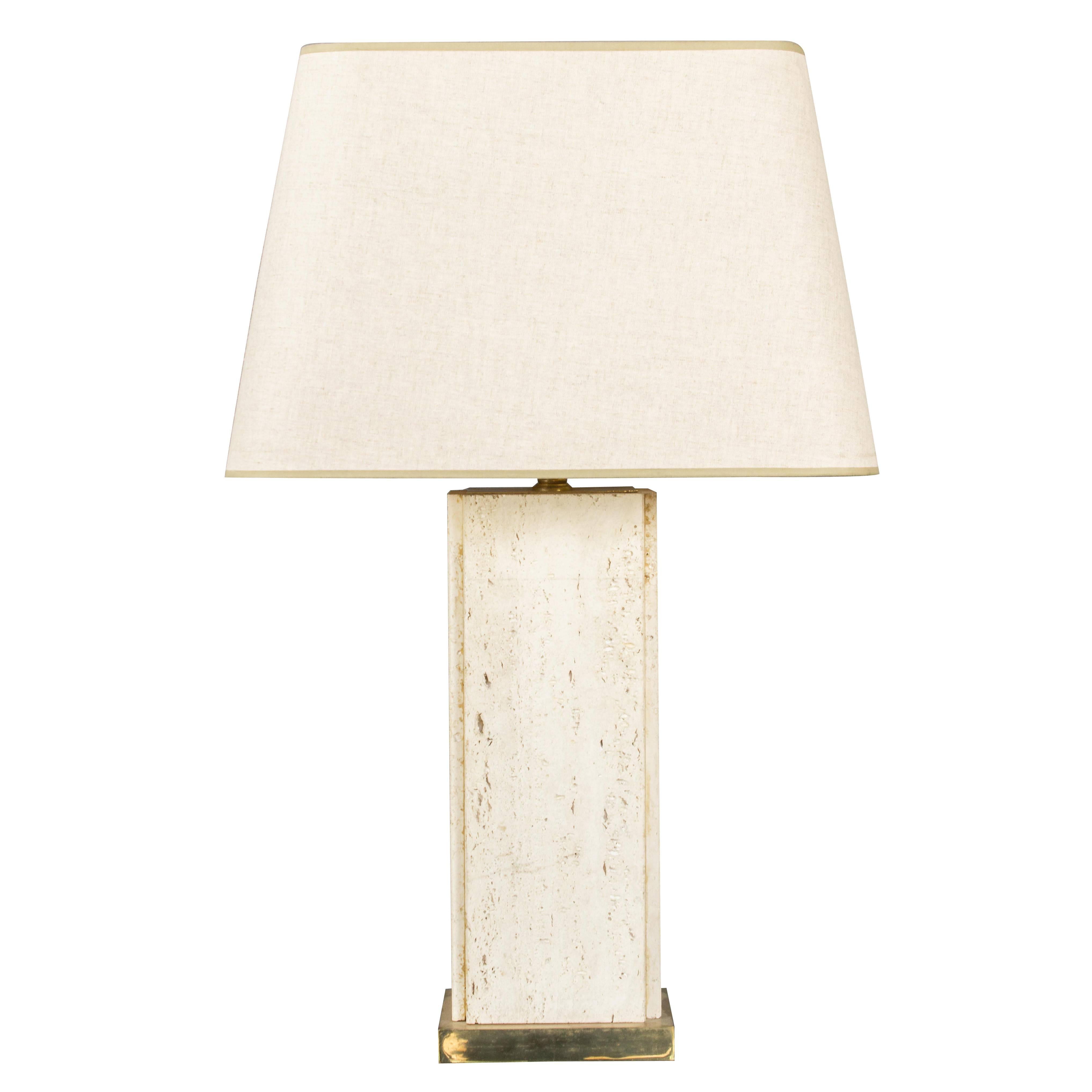 Large French 1960s Rectangular Travertine Lamp on a Brass Base For Sale