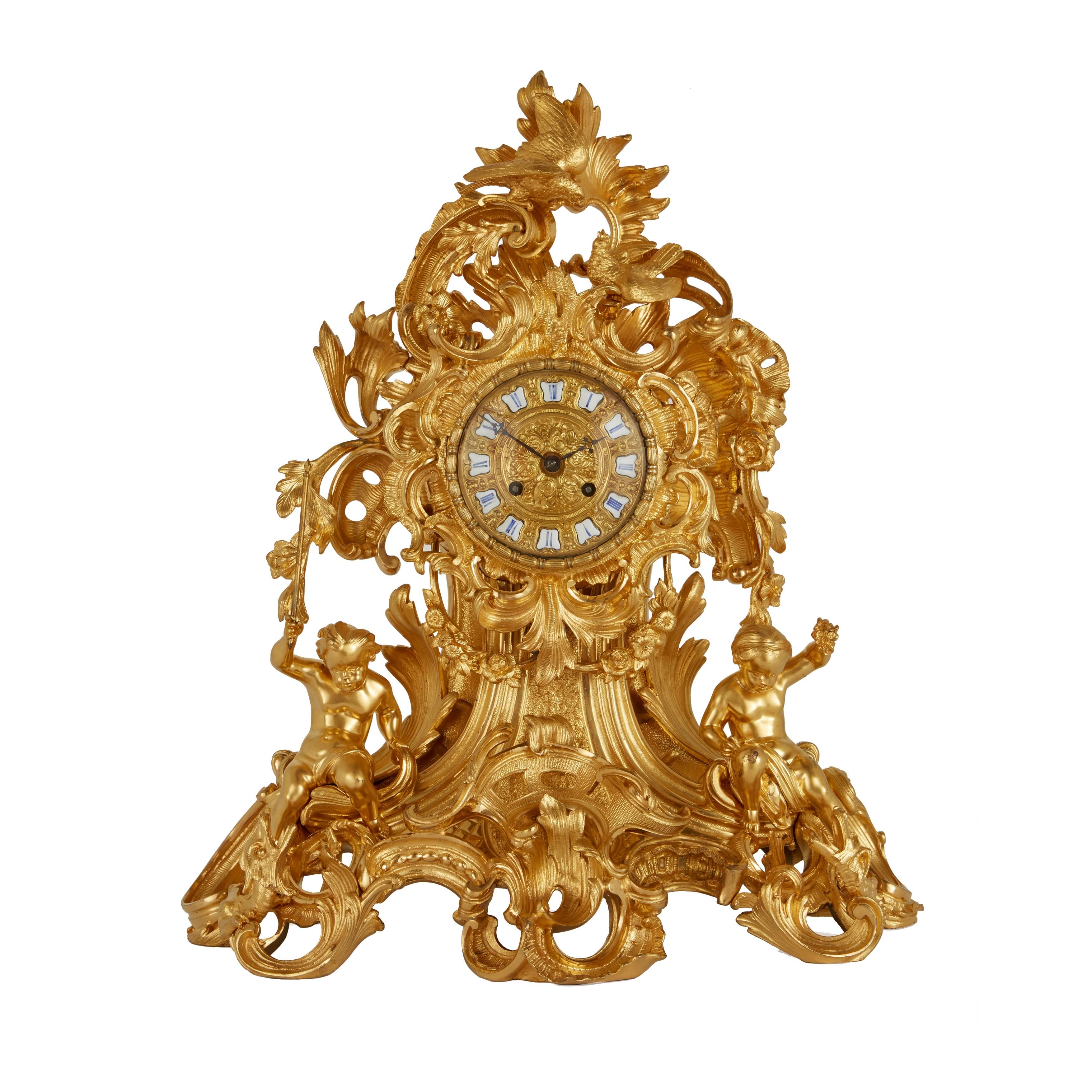 Large Louis XV Style Ormolu Mantel Clock For Sale