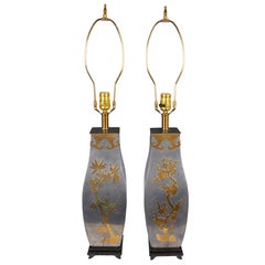 Paired of 1960s Asian Inspired Metal Lamps with Brass Accents