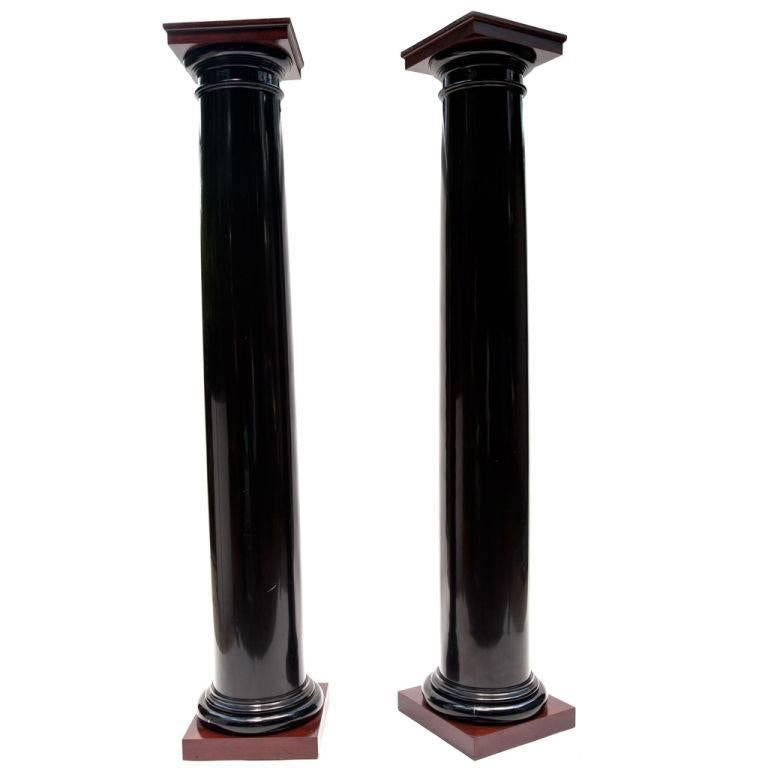 Black Lacquer Wood Columns with Mahogany Caps and Bases (8) For Sale
