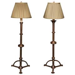 Antique Near Pair of Solid Brass Torchieres Now as Standing Floor Lamps