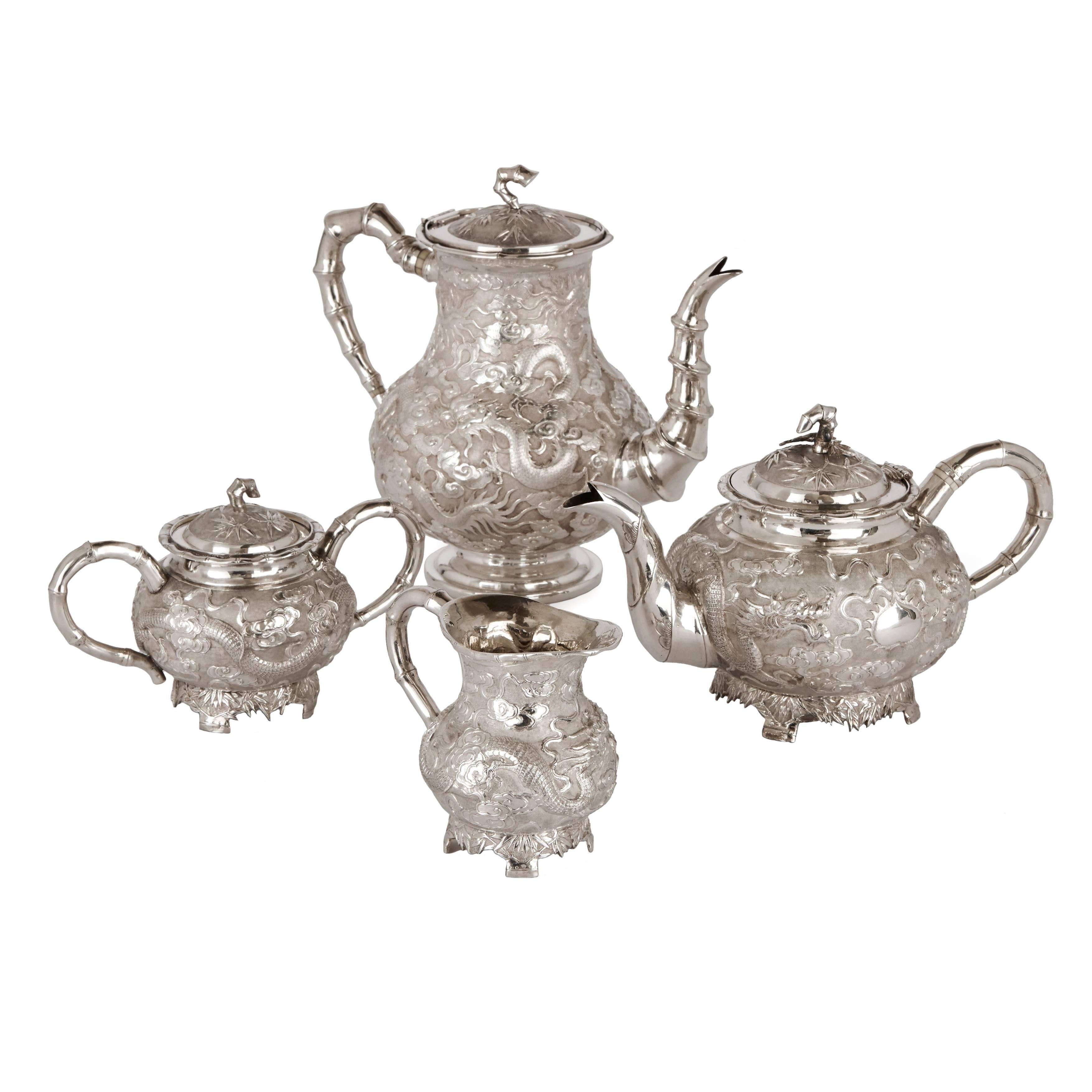 Fine Qing Dynasty Four Piece Silver Coffee and Tea Service by K.W