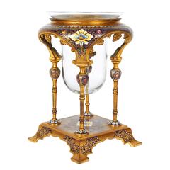French Ormolu and Champleve Cloisonne Enamel Glass Candle Holder Moorish Style