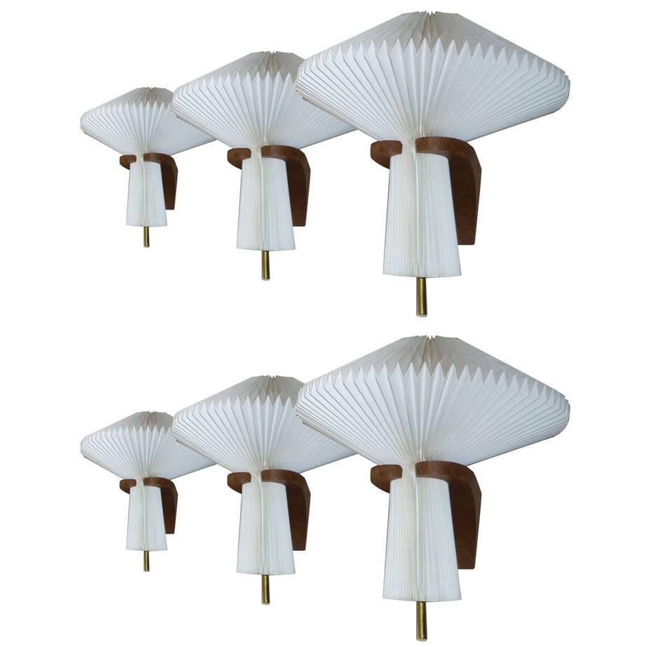 Rare Unusual  set of 6 Sconces by Le Klint with Oregon Pine Arm and Pleated Shad For Sale