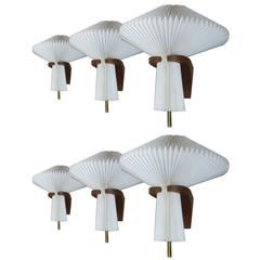 Rare Unusual  set of 6 Sconces by Le Klint with Oregon Pine Arm and Pleated Shad