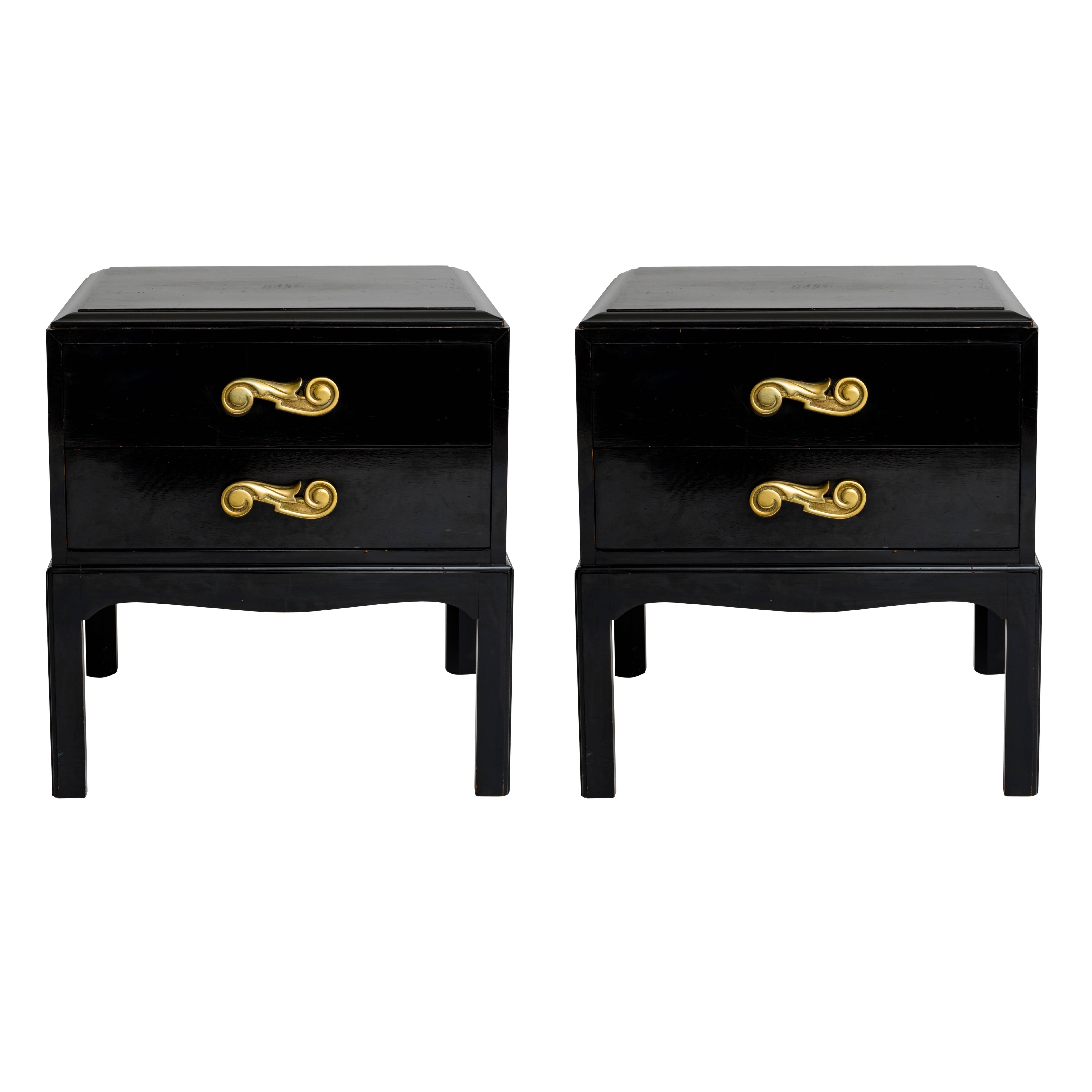 Hollywood Regency End Tables with Bronze Scroll Pulls