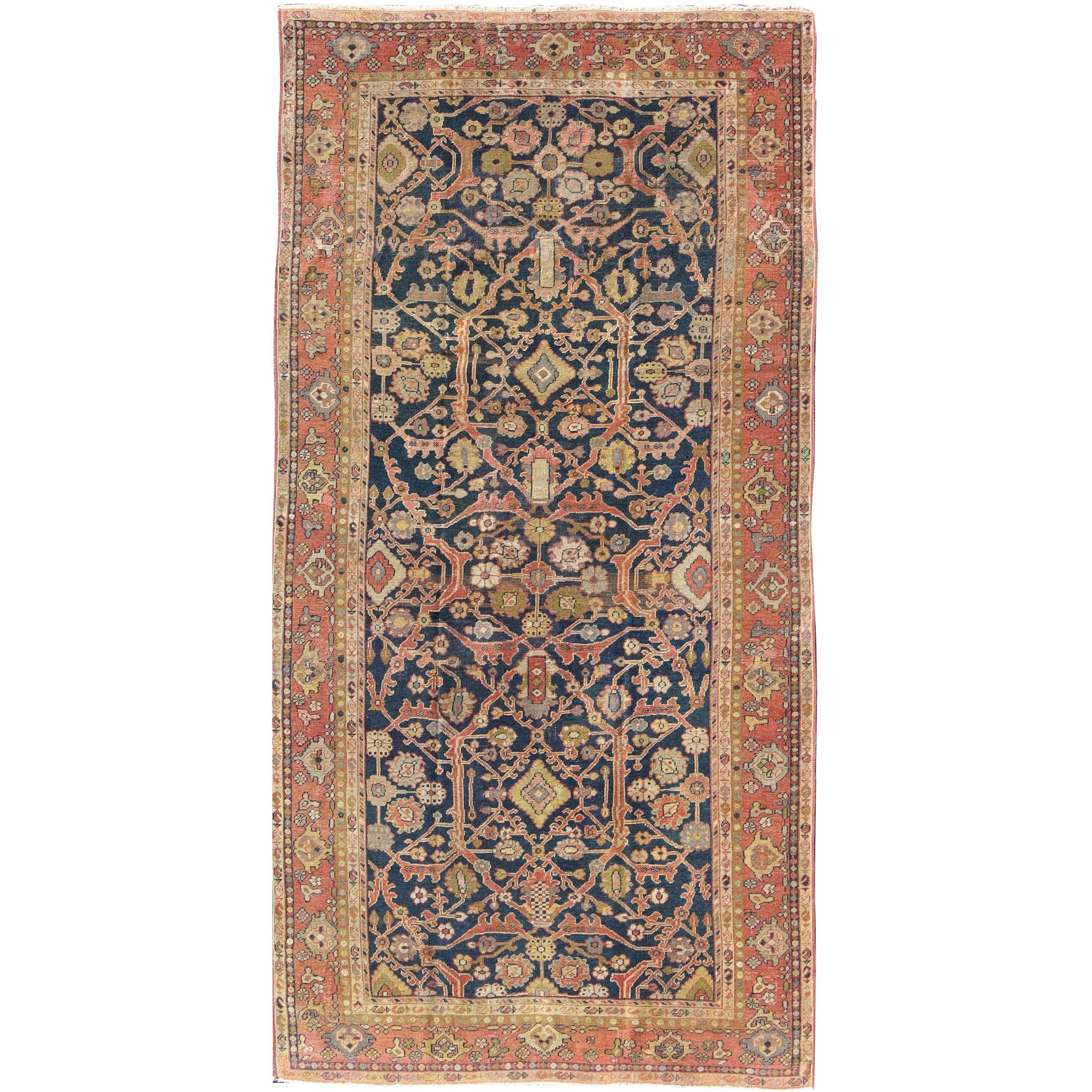 Antique Persian Sultanabad Gallery Rug with All over Design in Blue Background For Sale