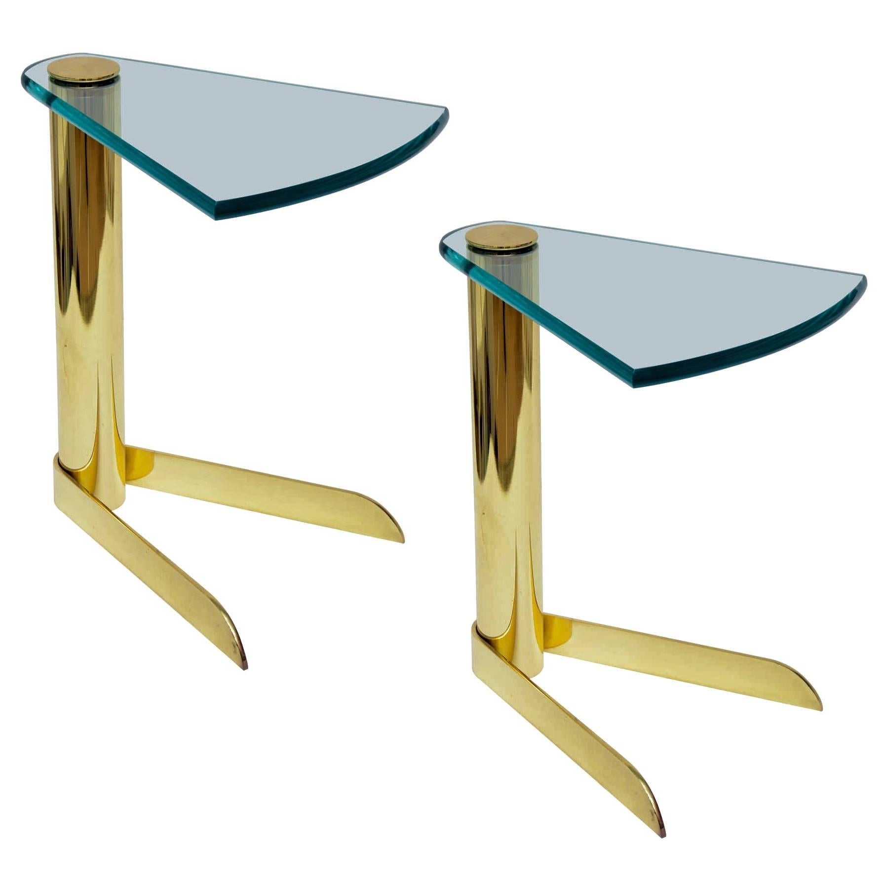 Pair of Brass and Glass Side or Drinks Tables by Pace Collection