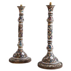19th Century Pair of Blue and White Moorish Enamel Table Lamps, circa 1900
