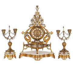 Napoleon III period marble, silvered and gilt bronze clock set