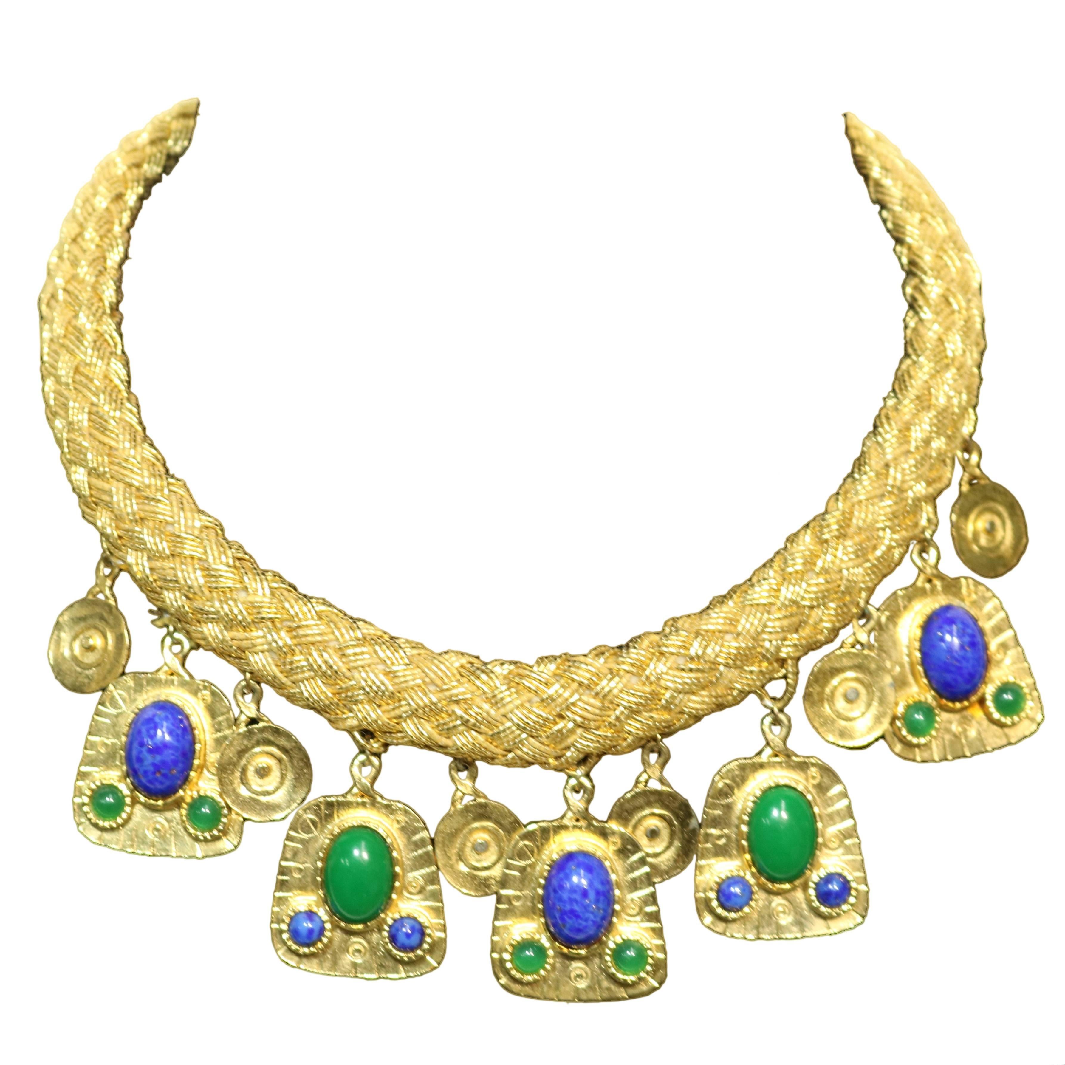 Gold Woven Strand Collar Necklace with Malachite and Lapis Drops For Sale