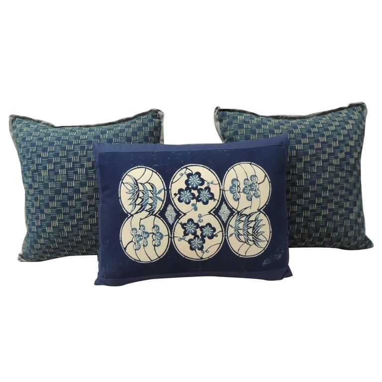 Vintage Blue and White Asian HandBlocked Batik Bolster Pillow at 1stdibs