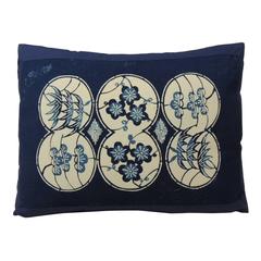 Vintage Blue and White Asian Hand-Blocked Batik Bolster Pillow