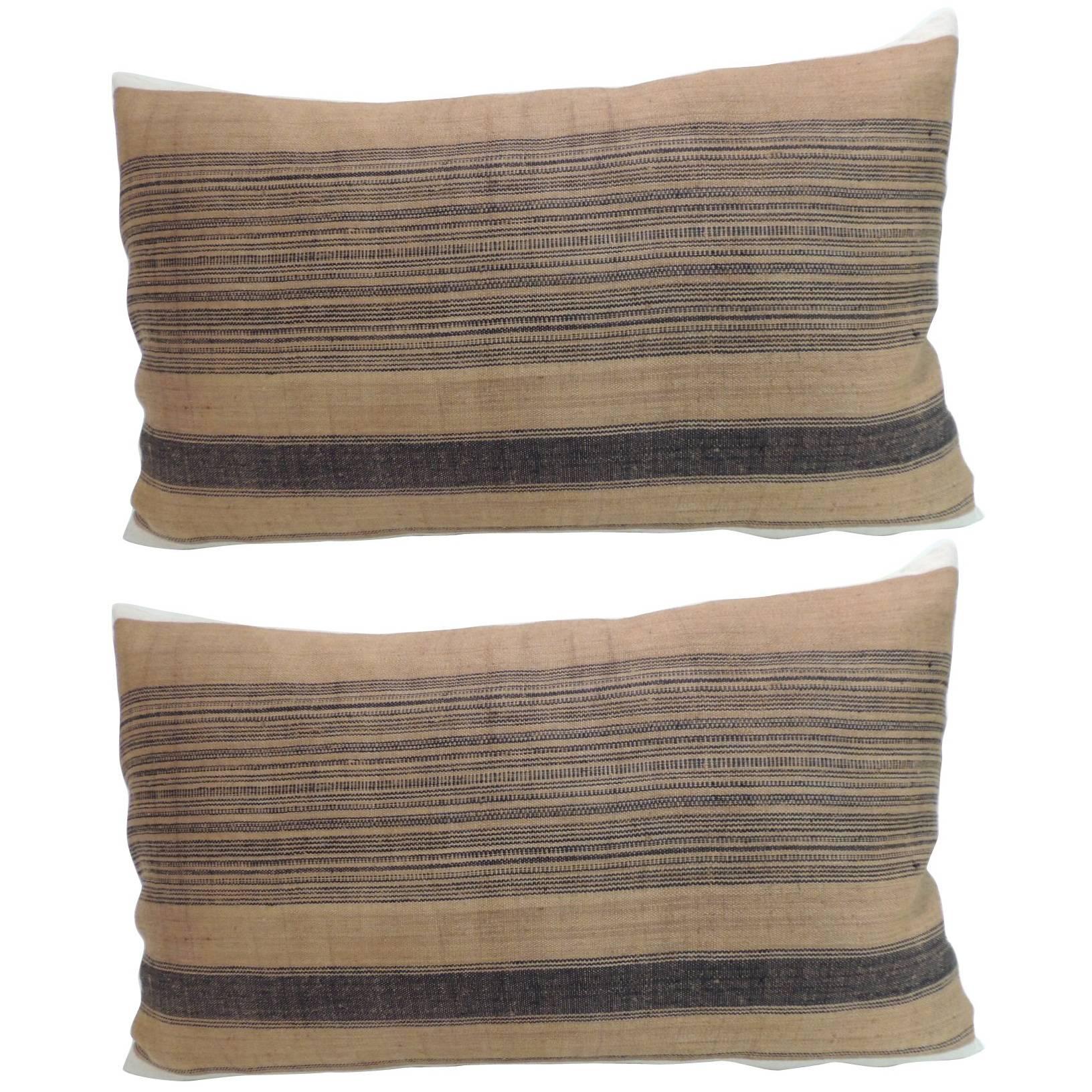 Pair of Vintage Asian Linen Homespun Striped Chinese Decorative  Bolster Pillows