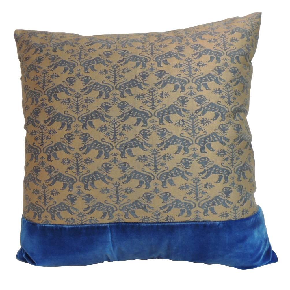 Vintage Fortuny "Richelieu" Blue on Gold Square Decorative Pillow
