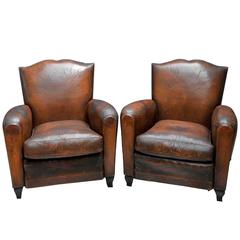 1930s Small French Art Deco Moustache Leather Lounge/ Club Chairs