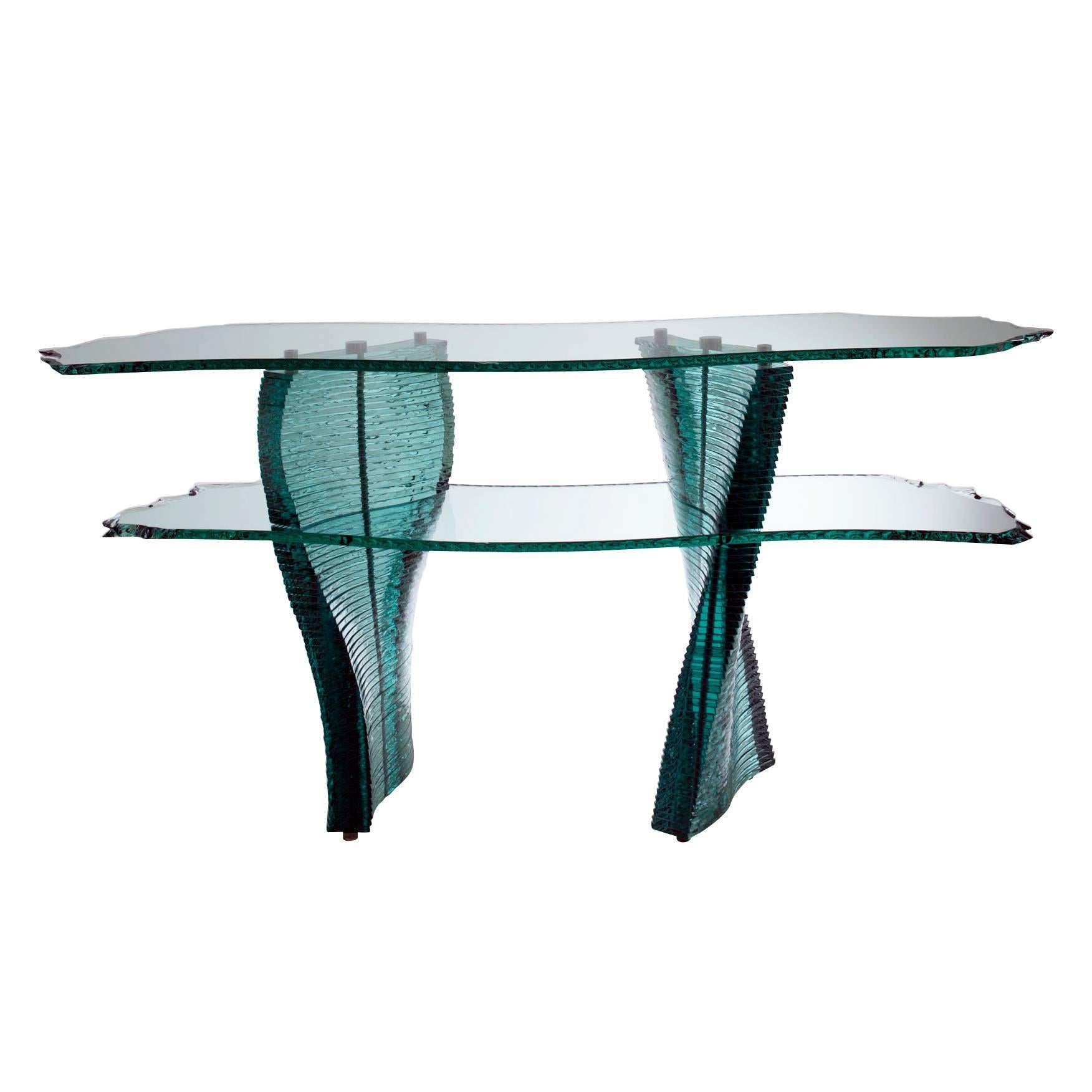 Variable Theme Console, Hand-Cut Glass and Steel Console Table For Sale