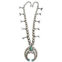 Vintage Pretty Navajo Coin Silver and Turquoise Squash Necklace, circa 1930