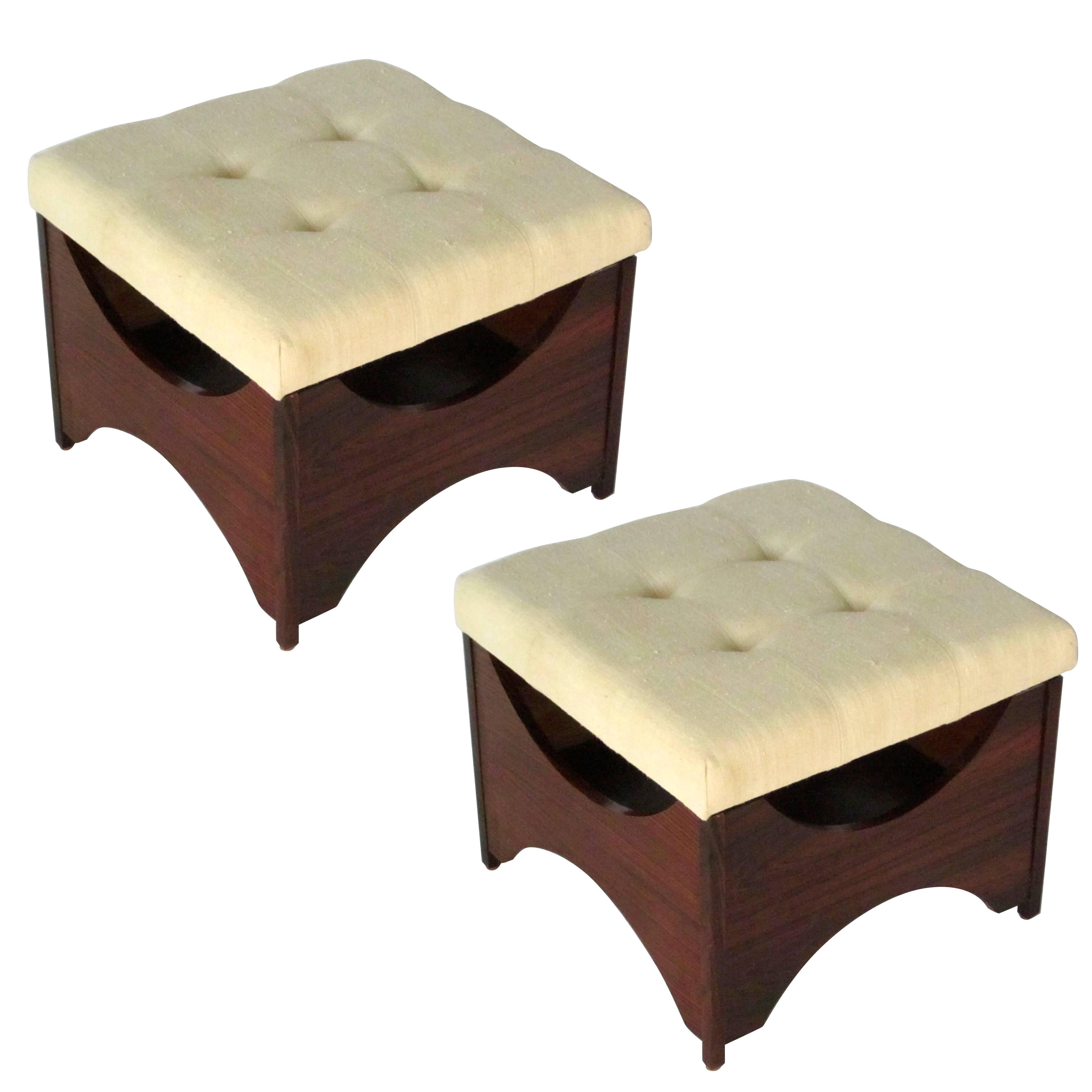 1960s Pair of Rosewood Square Upholstered Seat Foot Stools, France