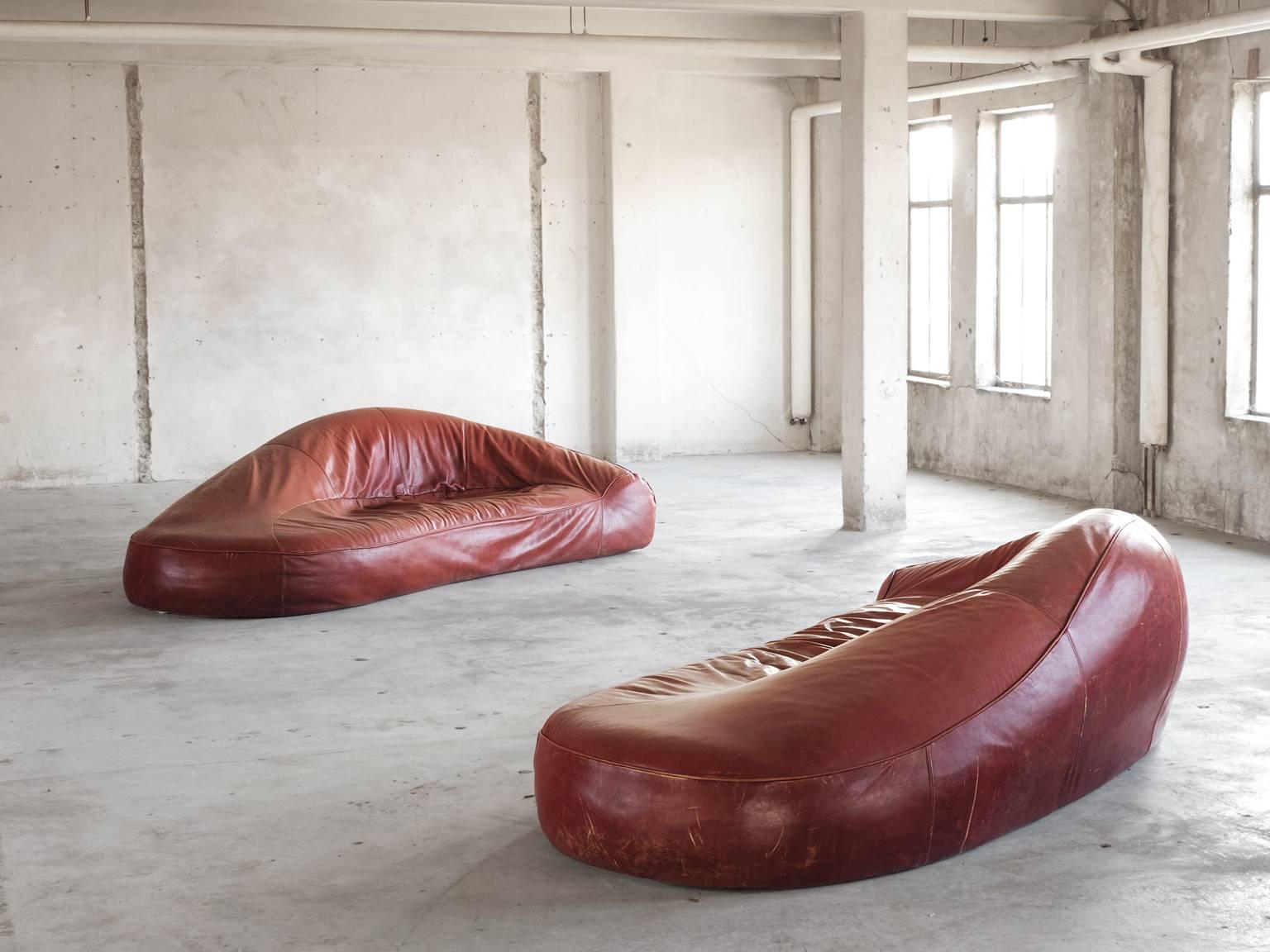 European Exceptional Set of Two Organic Shaped Sofa's in Patinated Leather 