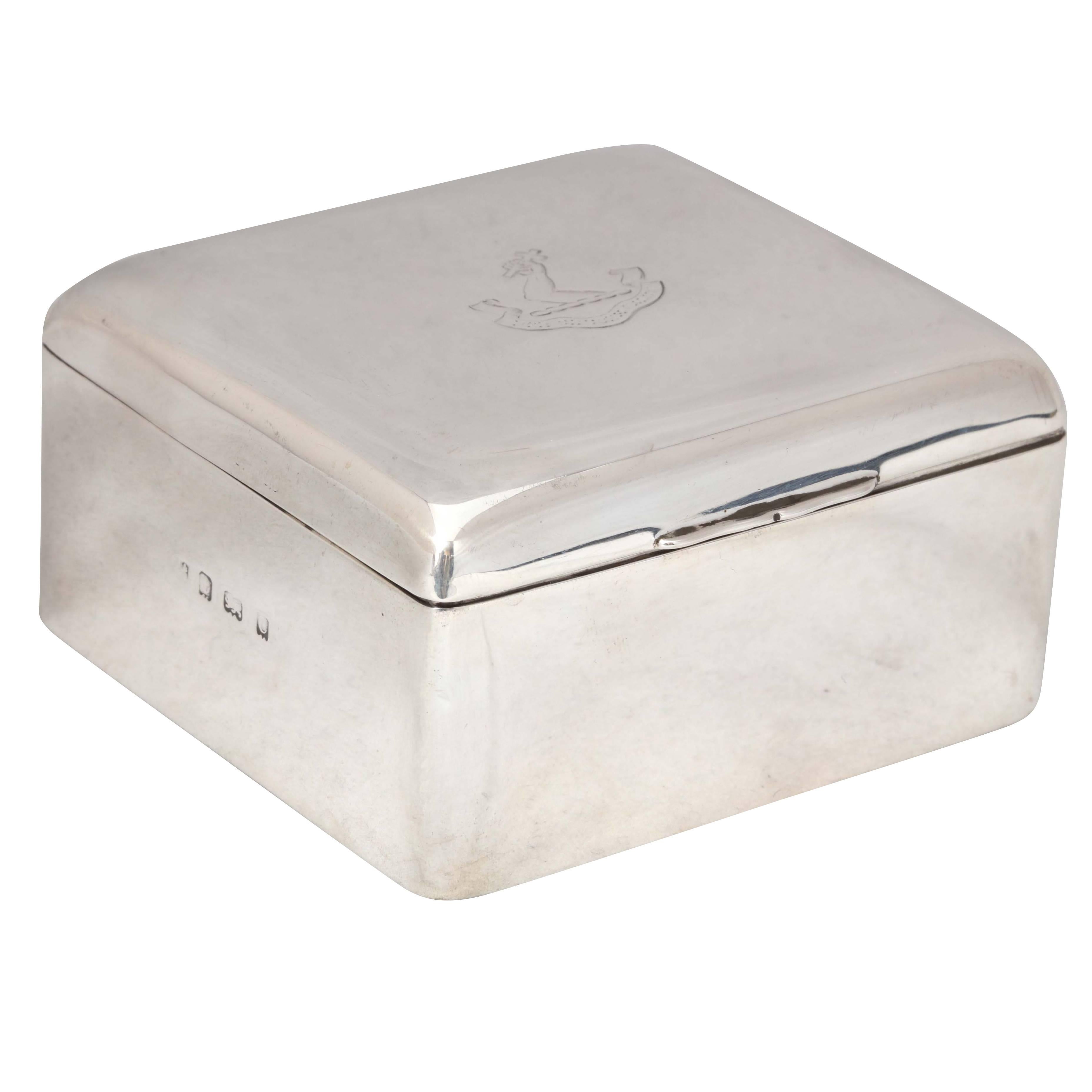 Edwardian Sterling Silver Table Box With Armorial on Hinged Lid