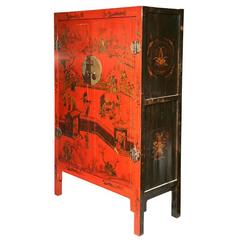 19th Century Qing Dynasty Large Red Lacquer Chinoiserie Cabinet