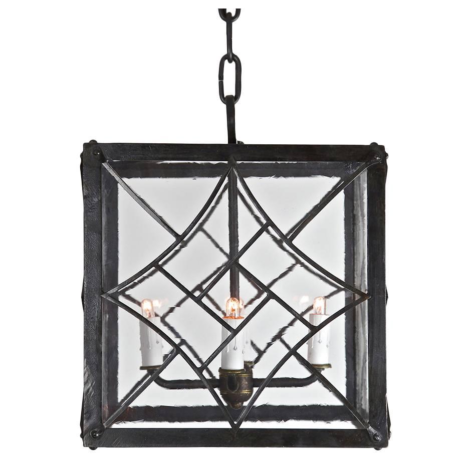  Mid-Century Modern Pendant, Wrought Iron with Antique Style Glass, Quick Ship!  For Sale