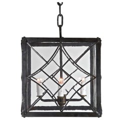  Mid-Century Modern Pendant, Wrought Iron with Antique Style Glass, Quick Ship! 