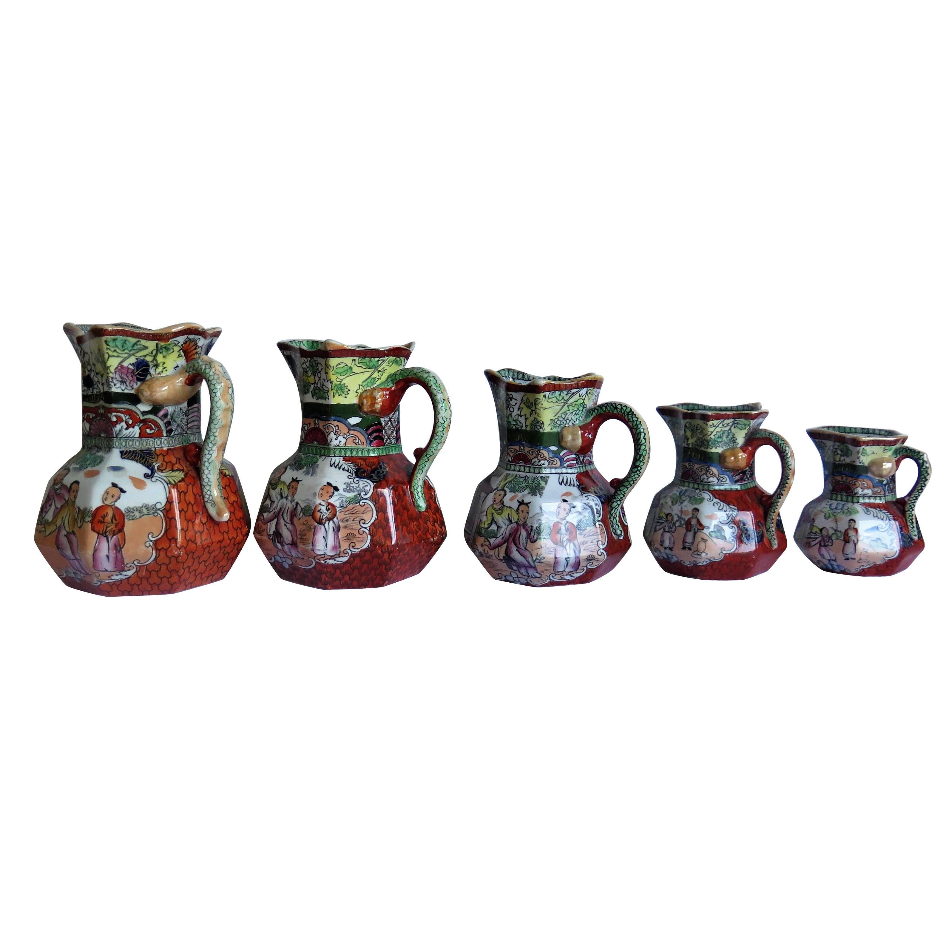Rare Set of Five Mason's Ironstone Jugs or Pitchers, Red Scale Pattern, ca 1840