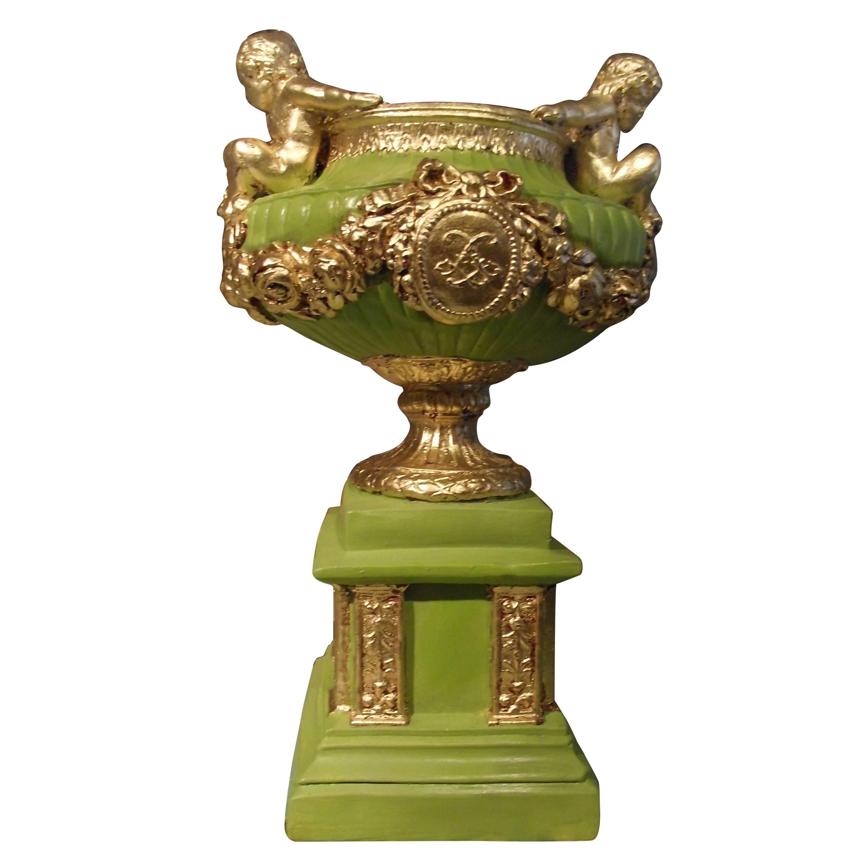 Neoclassic Urn with Cherubs, Chartrues (green) w gold leaf trim, gifts for men