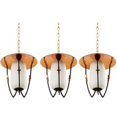 Lantern Pendant Lights, Brass Copper Opal Glass, Rupert Nikoll, Austria, 1950