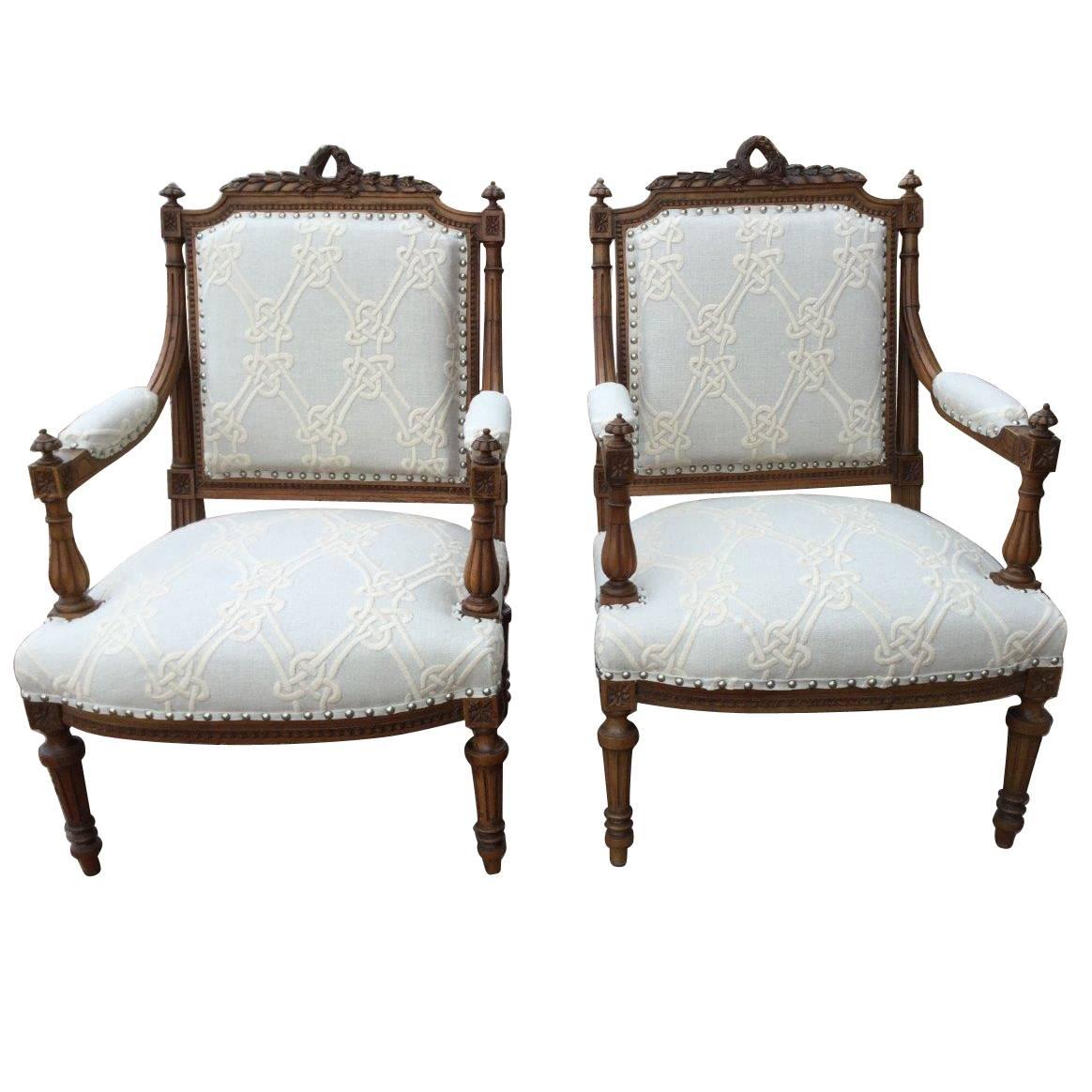 Pair of Beautiful Louis XVI Style Walnut Armchairs
