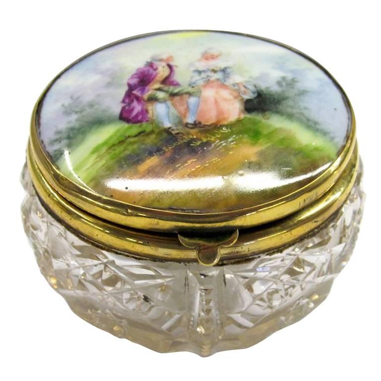Poudre or Vanity Jar with Porcelain Lid and Hand-Cut Crystal For Sale