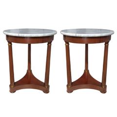 Pair of Round Empire Style Mahogany Marble Top Side Tables