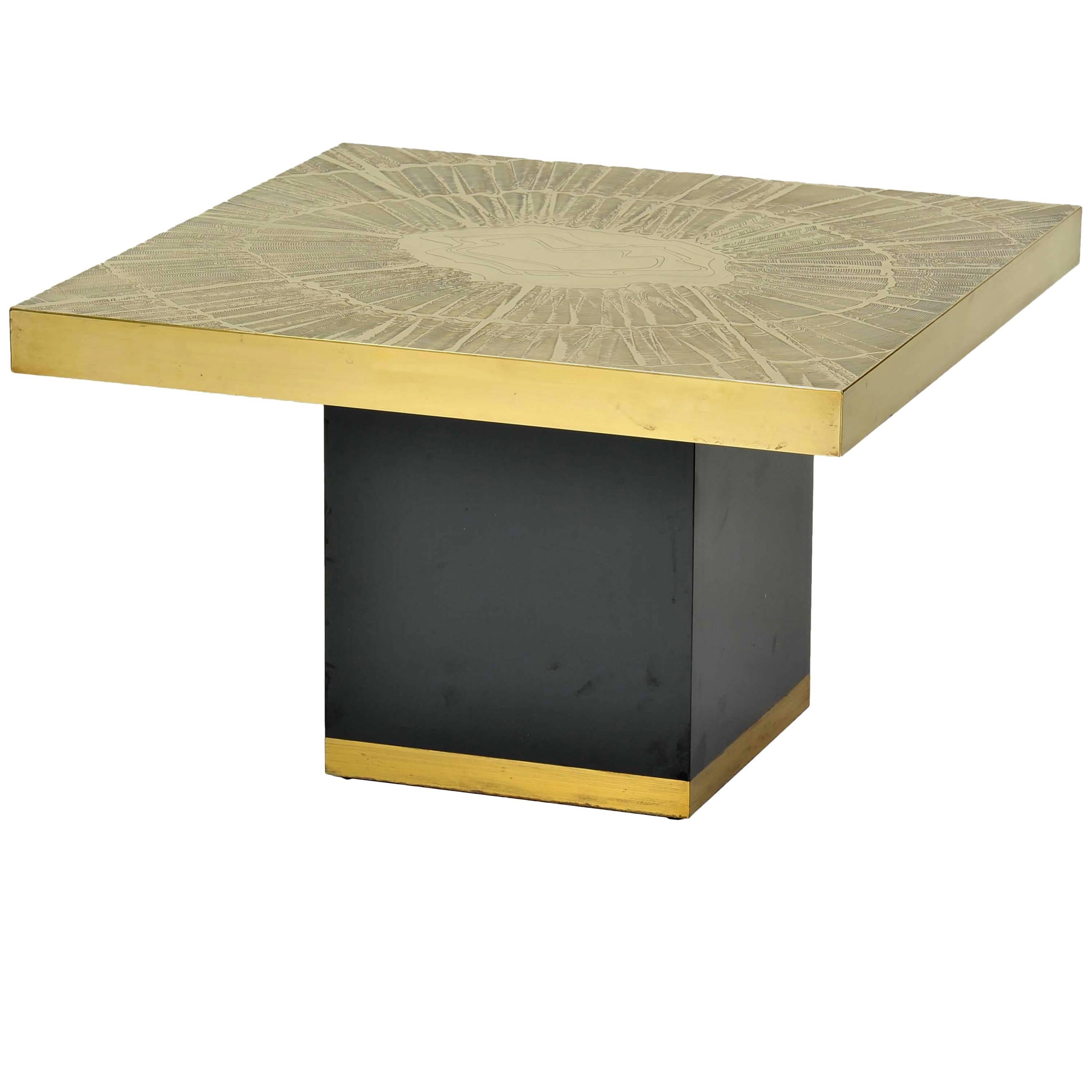 1970's Etched Brass Brutalist Square Coffee Table with Abstract Sun Ray Design