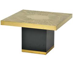 1970's Etched Brass Brutalist Square Coffee Table with Abstract Sun Ray Design