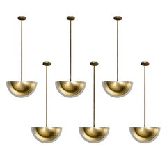 Genet & Michon Set of Chandeliers in Gold Brass and Frosted Glass circa 1940